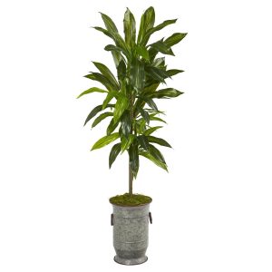 Floor Plants | 4' Dracaena Artificial Plant in Vintage Metal Planter (Real Touch) Artificial Plants Dracaena Trees