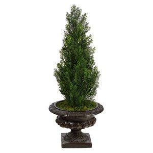 Topiary Trees | 3.5' Mini Cedar Artificial Pine Tree in Iron Colored Urn UV Resistant (Indoor/Outdoor) Artificial Trees Topiary Trees