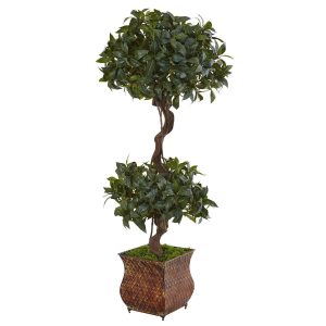 Topiary Trees | 4.5' Sweet Bay Double Topiary Tree in Metal Planter Artificial Trees Topiary Trees