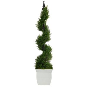 Topiary Trees | 4' Cypress Spiral Topiary Artificial Tree in White Metal Planter Artificial Trees Topiary Trees