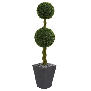 Topiary Trees | 5' Double Ball Boxwood Topiary Artificial Tree in Slate Planter(Indoor/Outdoor) Artificial Trees Topiary Trees