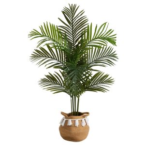 Artificial Palm Trees | 4' Artificial Paradise Palm Tree with Handmade Jute & Cotton Basket with Tassels Artificial Palm Trees Artificial Palm Trees