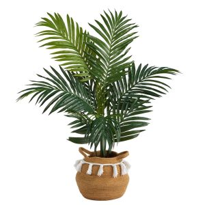 Artificial Palm Trees | 4' Kentia Palm Artificial Tree in Boho Chic Handmade Natural Cotton Woven Planter with Tassels Artificial Palm Trees Artificial Palm Trees