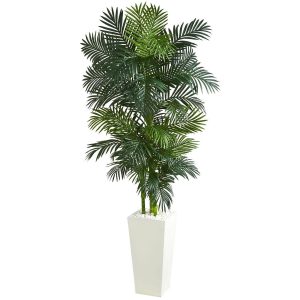 Artificial Palm Trees | 7.5' Golden Cane Palm Artificial Tree in White Tower Planter